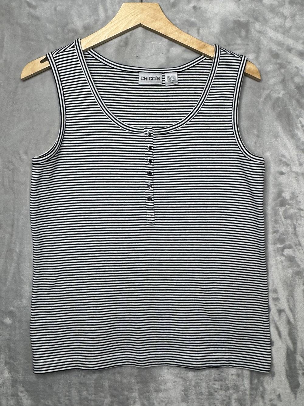 Chico's Tank Top Womens M Black White Stripe Scoop Neck Button Front Stretch